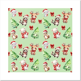 Pattern Christmas Woodland Charm - Cute Watercolor Animals Posters and Art